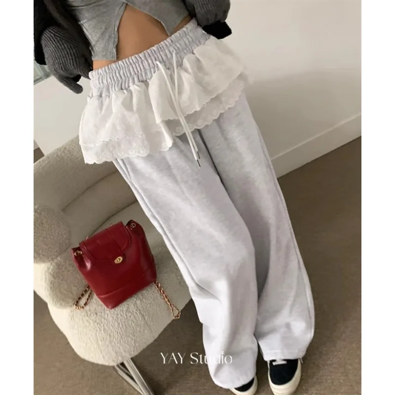 

Vintage Contrast Color Lace Splicing Casual Pants Women 2024 Spring New High Waist Pleated Loose All Match Straight Pants