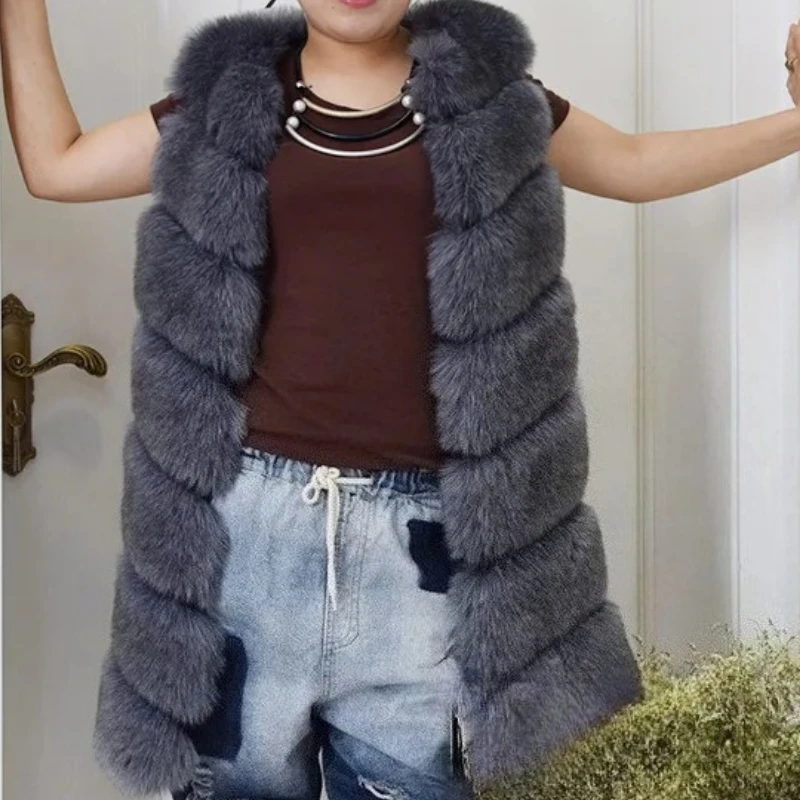 Faux Fox Fur Vest Coats Women White Mid Length Fur Jackets V Neck Sleeveless Thick Warm Fur Casual Loose Furry Autumn Winter