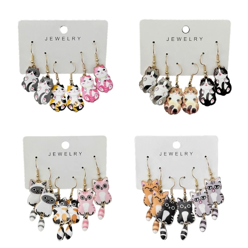 50JB 3 Pairs Unique Animal Earrings Set Hangings Tail Cat Ear Rings Women Girls Ears Accessory Fashionable Ear Studs Ornament