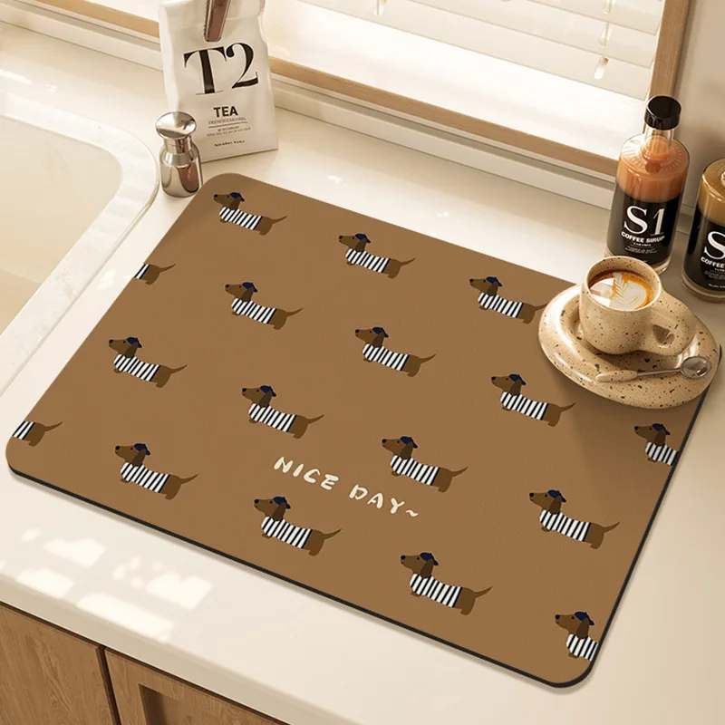 Cartoon Pug Pattern Printed Kitchen Drying Mat Counter Heat-Resistant Dish Pad Absorbent Quick-Dry Placemat Bar Mat