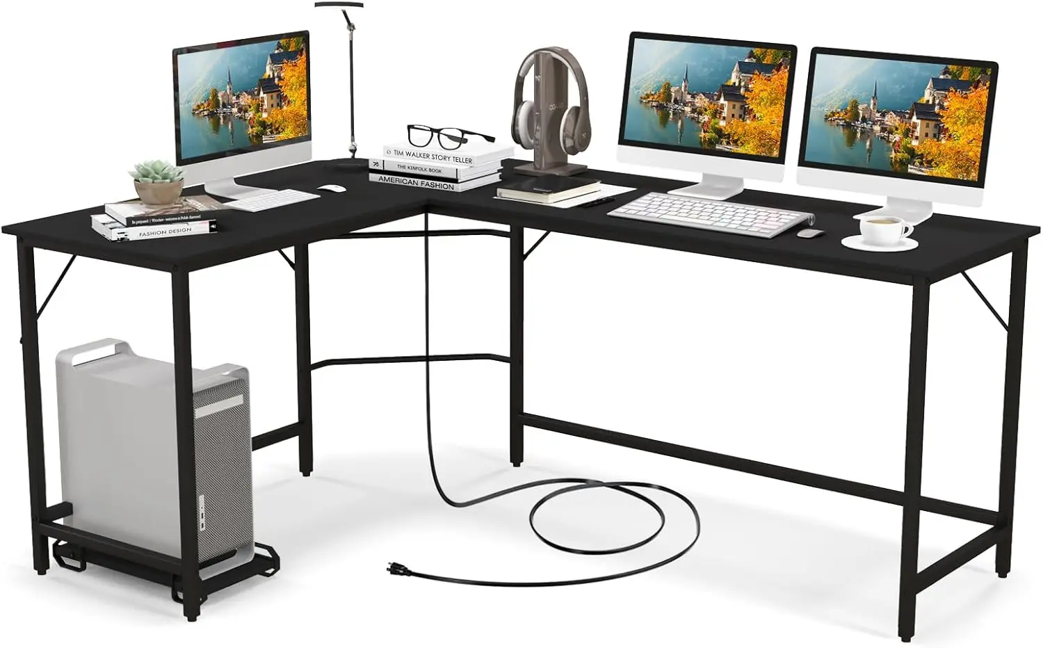 

Tangkula L-Shaped Desk with CPU Stand & Power Outlets Metal Frame Space-Saving Computer Station for Home & Office Grey