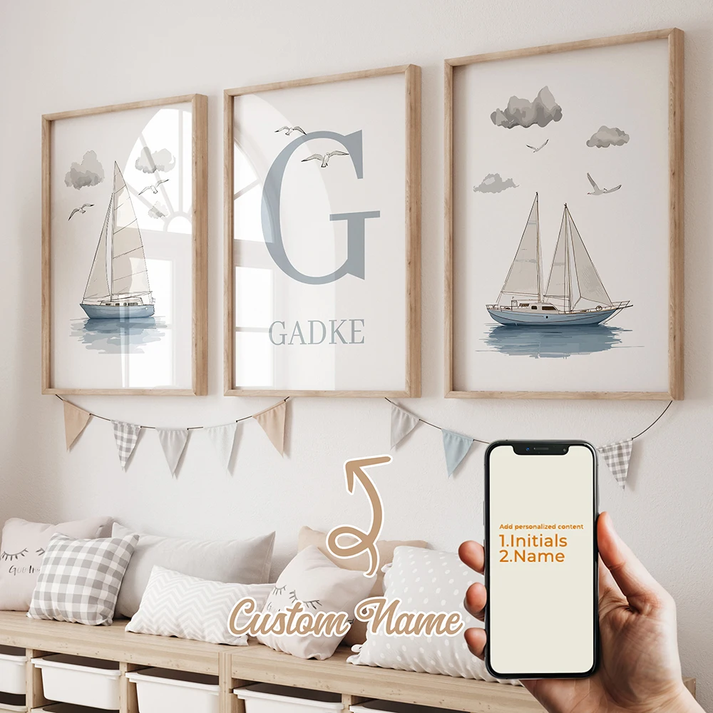 

3pcs Personalized Custom Name Cute Cartoon Sailboat Wall Art Print Picture For Living Room Kids Boy Room Home Decor Gift