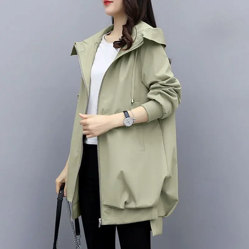 Women\'s Spring And Autumn Jacket Korean Style Khaki Loose Relaxed Hooded Windbreaker Mid Length Black Fashion Coat For Women Top