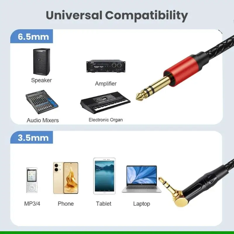 U55C 1/4inch Instrument Cable to Straight 3.5mm Male Stereo Cord 6.35mm Balanced Interconnection Cable for Guitar