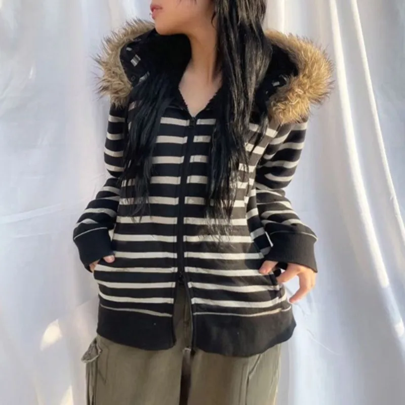 American Retro Striped Hoodies Coats Women Ropa Mujer Furry Hooded Zipper Sweatshirts Y2k Tops Hoodie Ropa Mujer 2025