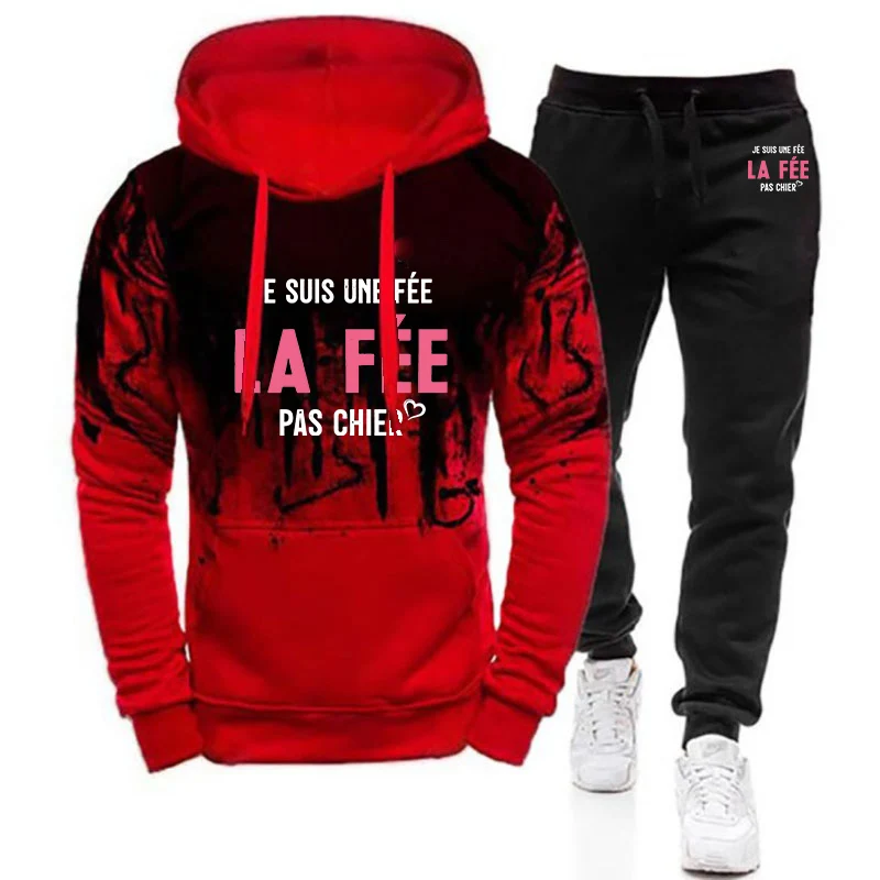 2025 Je Suis Une Fée Print Spring Autumn Men's New Gradient Color Set France Funny Letter Hoodie+Casual Sweatpant Two-piece Suit