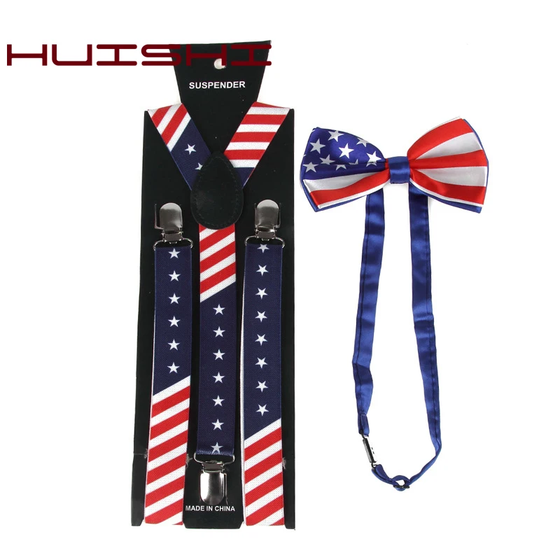 

HUISHI High-quality Suspenders+Bow Men Women 3 Clip Elastic Force Adjustable Designs Flag Suspender Suit Elastic Slim Suspenders