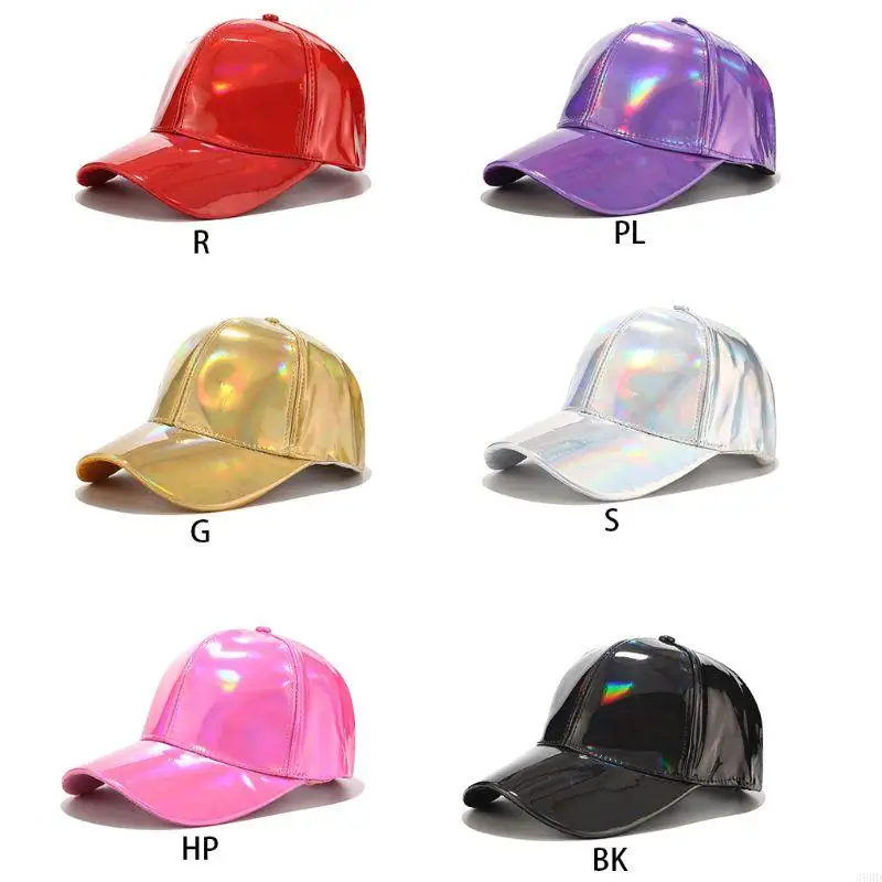 

652F Unisex Faux Leather Baseball Glitter Metallic Rainbow Reflective Hip Hop Adjustable Strapback Peaked Hat