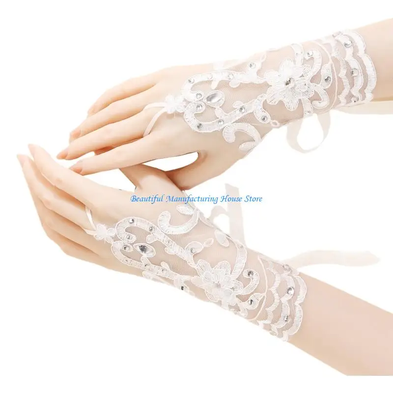 

E56A Crystal Studded Lace Wedding Gloves Fingerless Elegant Bridal Shower Accessory