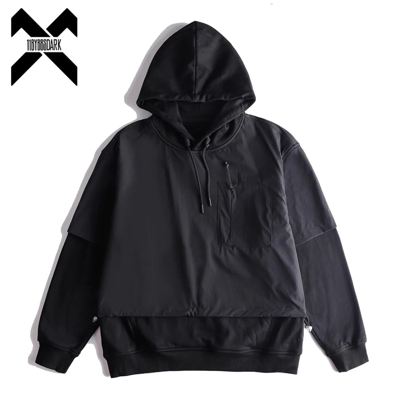 

Men's Fake Two-Piece Hoodie 2025 Autum Harajuku Tactical Functional Pullover Streetwear Hooded Sweatshirt Tops Black Techwear