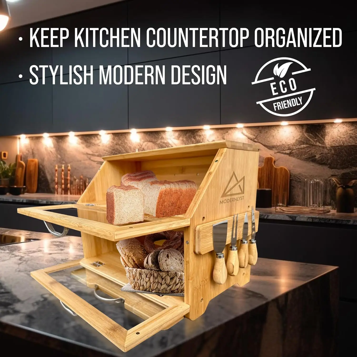 

Extra Large Bread Box With Cutting Board & Knife Set | 7 Piece Set | Bamboo Breadbox | Bread Boxes For Kitchen Countertop |