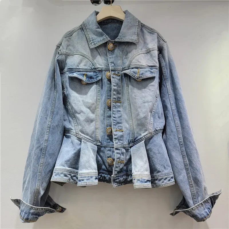 Spring New Ruffle Hem Jeans Jacket Women Vintage Washed Blue Short Coat Turndown Collar Single-Breasted Long Sleeve Denim Jacket - Image 2