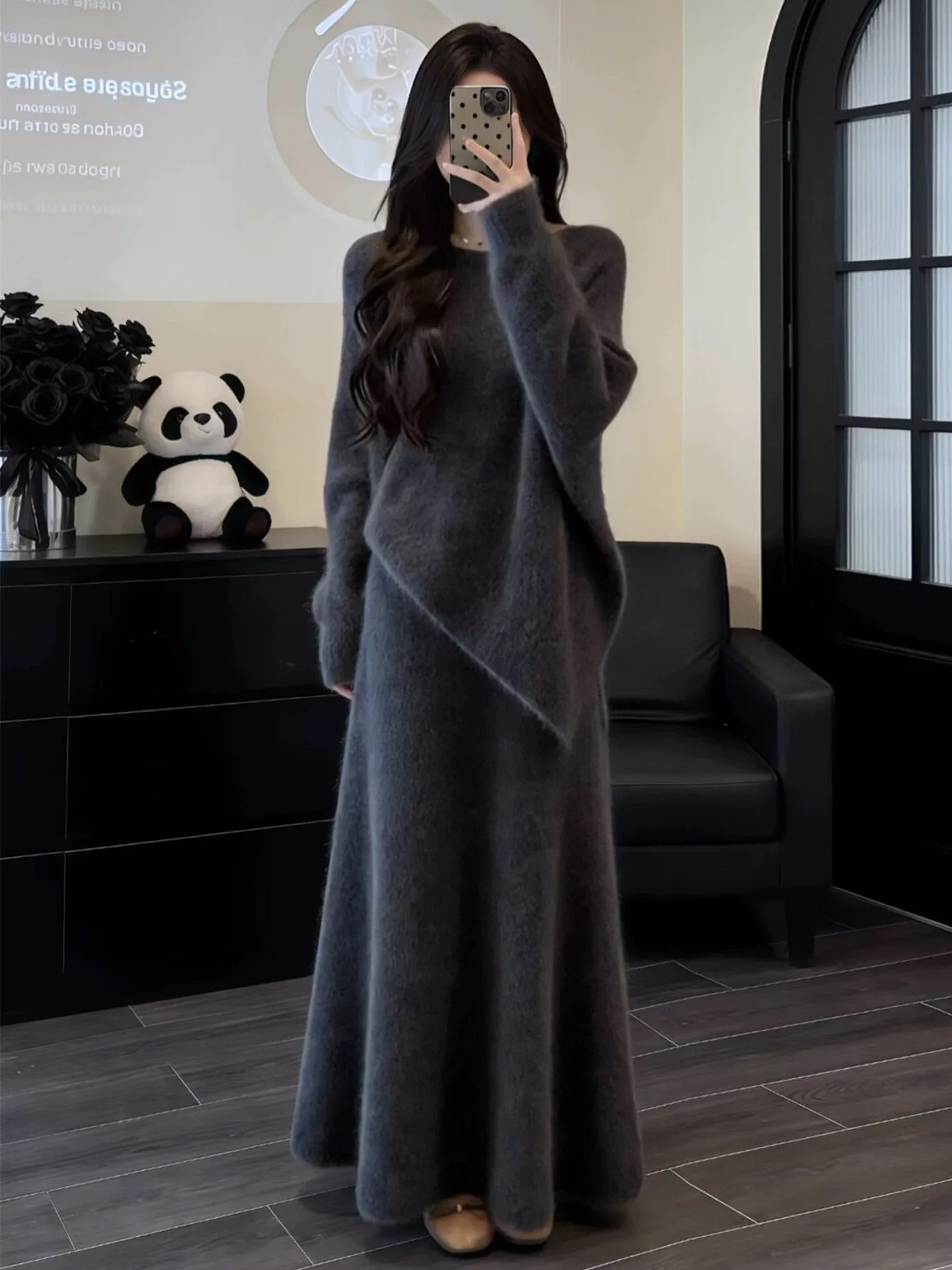 

2026 New Vintage Loose Knitted Dr Women's Autumn Winter Faion Set Ele Long Skirt Two Piece Set Universal Fit