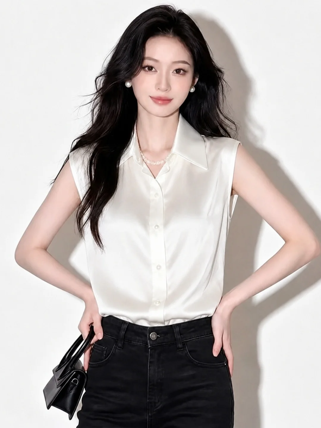 

Elegant Neck Vest Fashionable Commute Style Lightweight Luxury Sleeveless Shirt Women's Summer Versatile Silk Top