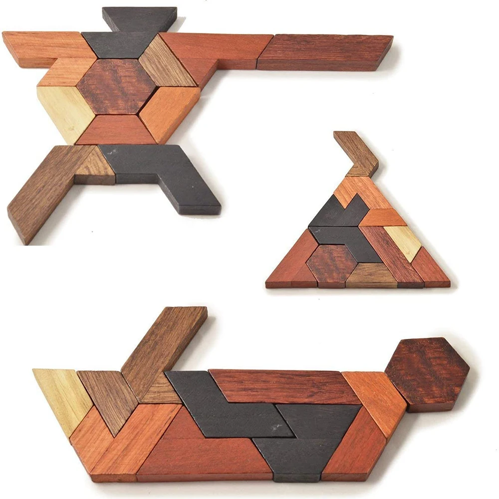 Wooden Hexagonal Geometric Shape Tangram Board IQ Brain Teaser Puzzles Board Educational Toys Children Kids Adults Puzzle Game