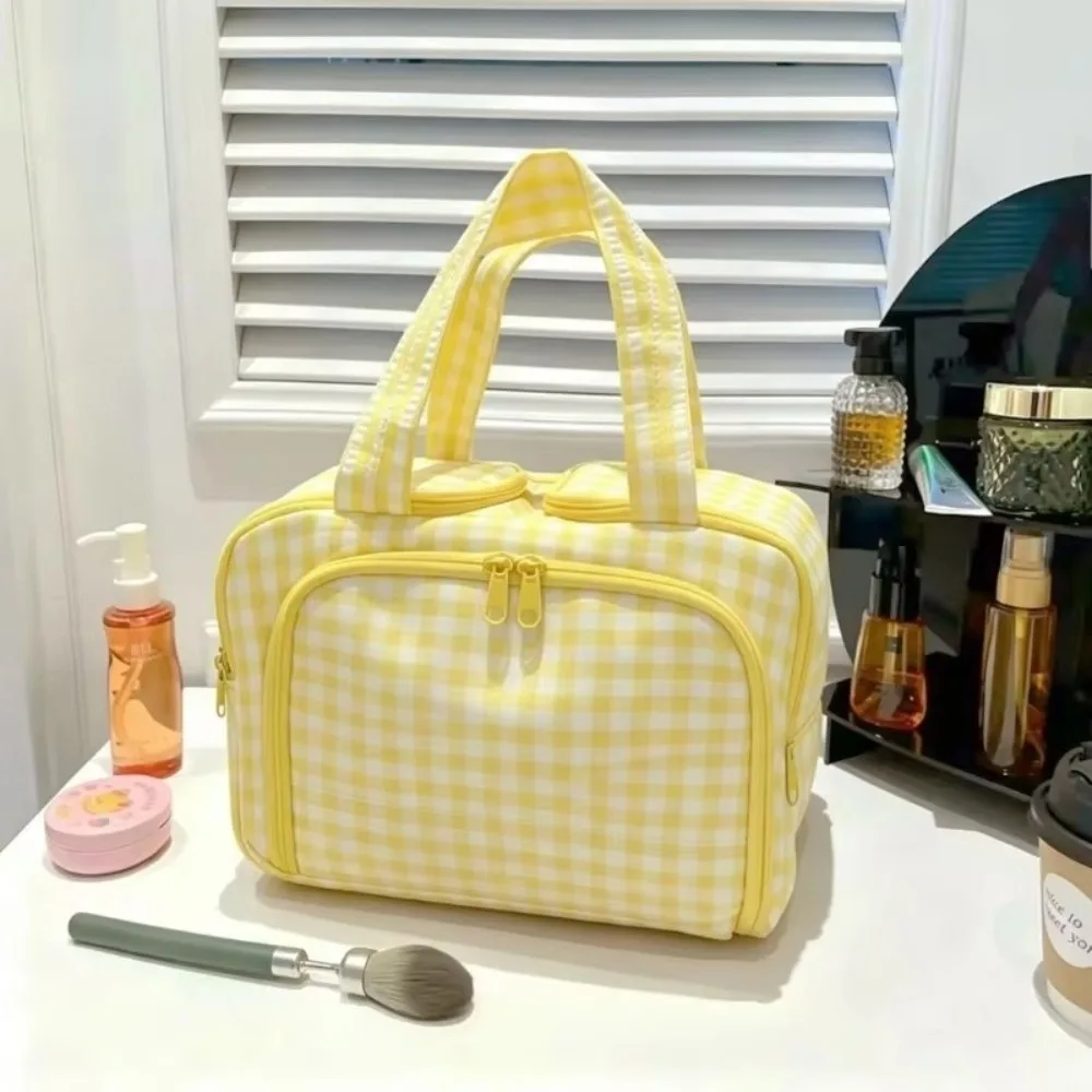Large Capacity Cosmetic Organizer Bag Multi Compartments Portable Design Makeup Bag Double Zipper Checkered Pattern