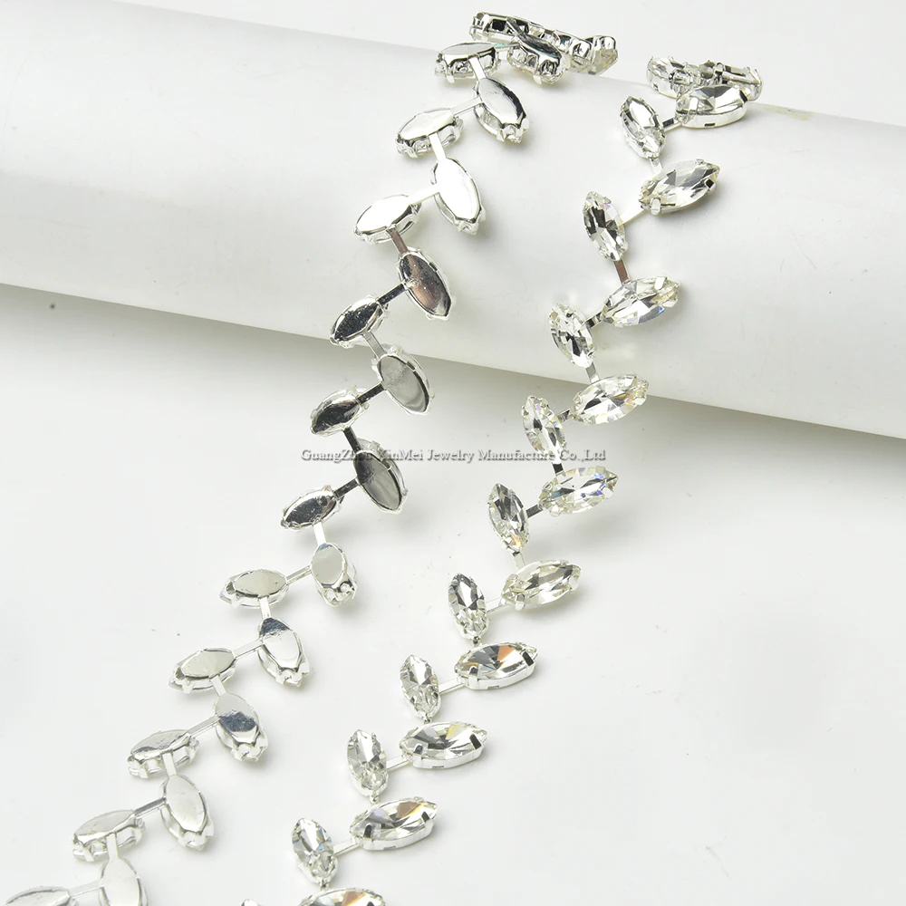 Fashion Glass Rhinestone Chain Trim Sew on Clothes Shoes Decoration Crystal Leaf Shape Applique Ribbon DIY Wedding Accessories