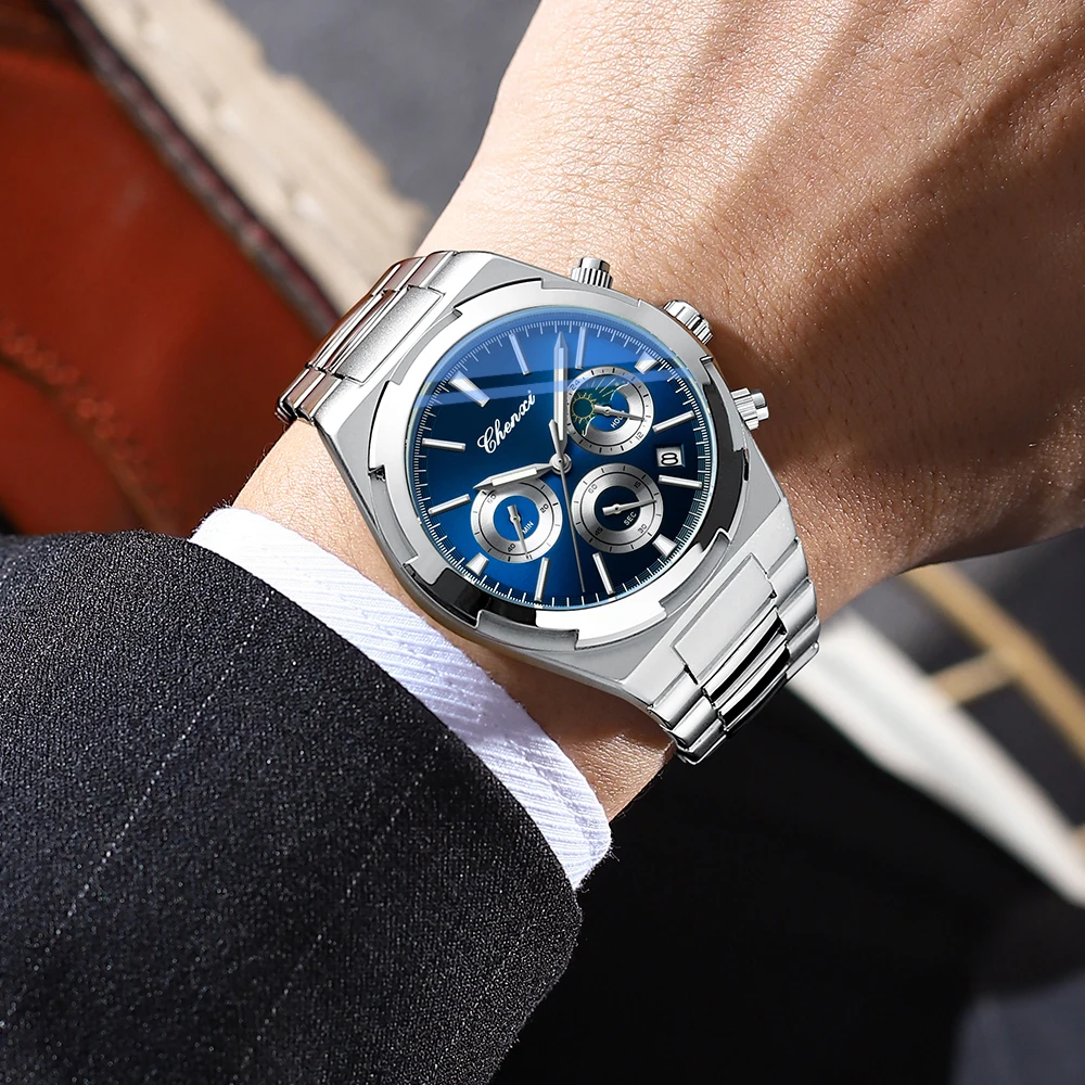 CHENXI Fashion Watches for Men Luxury Original Chronograph Business Men Watch Waterproof Steel Band Quartz Clock WristWatch