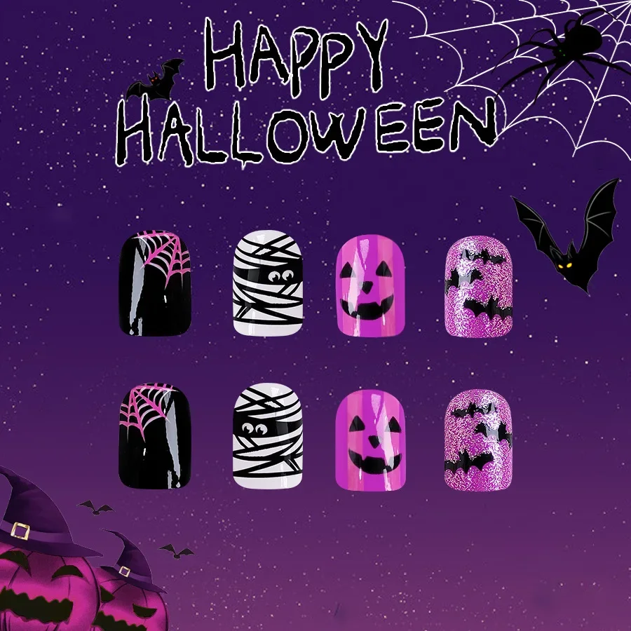 Envolturas de uñas para Halloween, 24 piezas, acabado brillante con lindos fantasmas, murciélagos, telarañas y detalles de purpurina para manicura festiva escalofriante