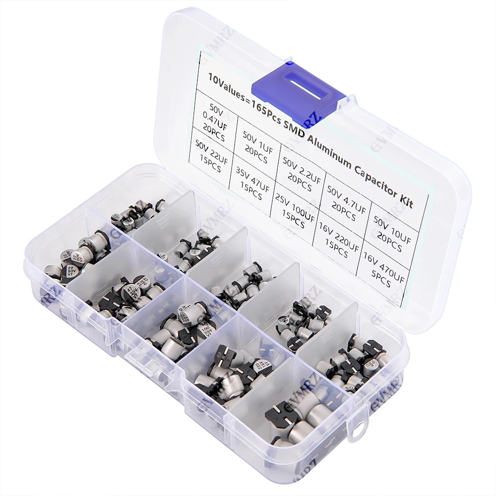 165PCS 10Values SMD Aluminum Electrolytic Capacitor Sample Box - Assorted Kit for Electronics DIY Repair Projects 50V 1UF/2.2UF