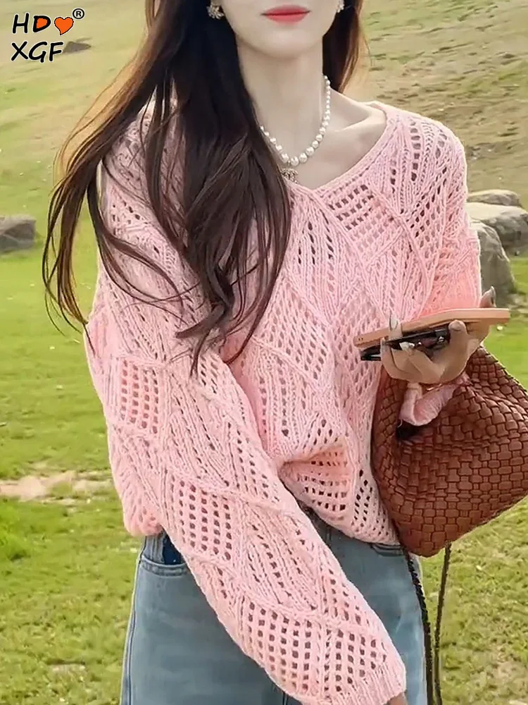 V-neck Hollow Out Long Sleeve Top Women Spring Summer Solid Color Knitted Pullover Elegant Pink Sweaters Female Clothes 2023 New