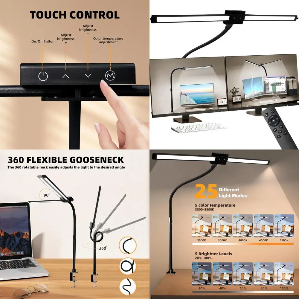 

Настольная лампа на гибкой стойке с зажимом и пультом дистанционного управления, регулируемая яркость 24 Вт, светодиодная лампа из закаленного стекла для дома, офиса, учебы