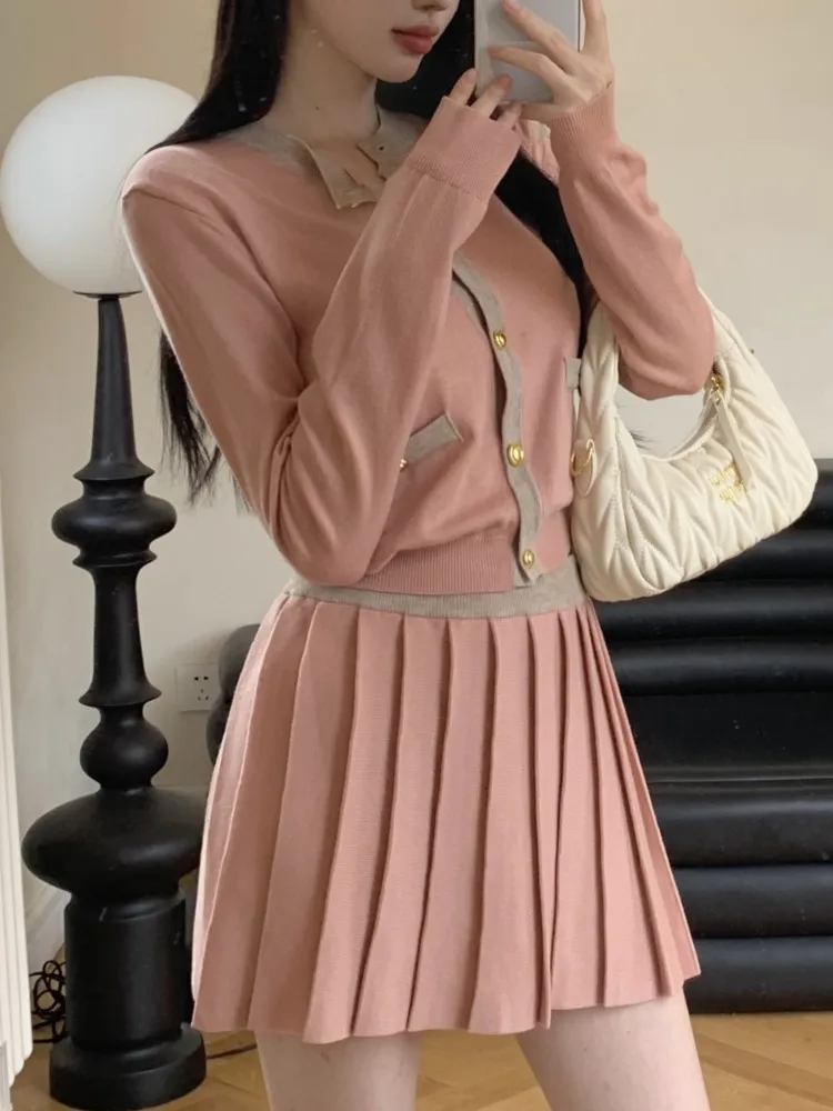 Elegancka dzianinowa plisowana spódnica garnitury damskie guziki koreański zestaw spódnic imprezowych w stylu vintage kobiecy projektant Casual