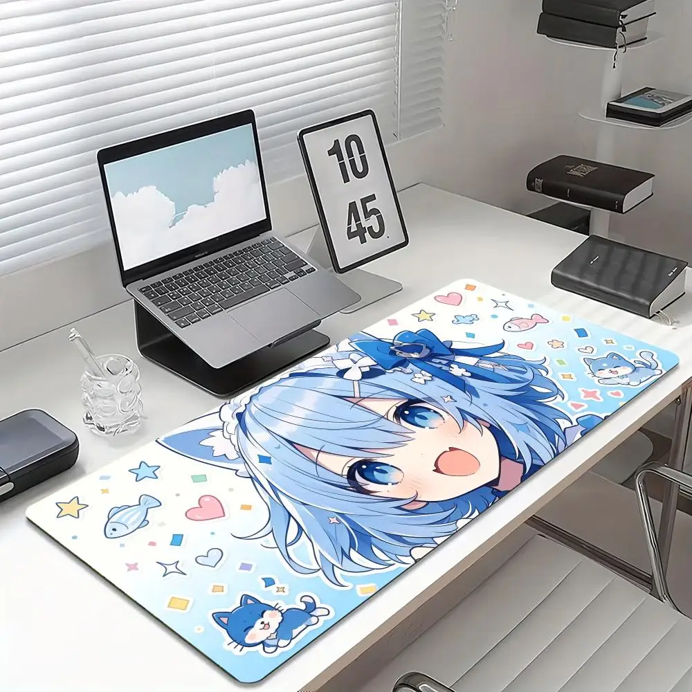 Kawaii Neko Anime Girl Large Extended Gaming Mouse Pad Non Slip Desk Surface Blue Cat Ear Cartoon Print For Gaming Setup