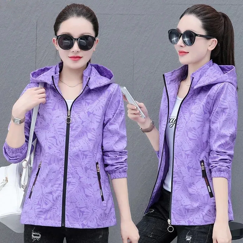 2023 New Spring Autumn Clothes Women Hooded Windbreaker Basic Coat Short Jackets Famale Outerwear Printed Sportswear Coats 5XL