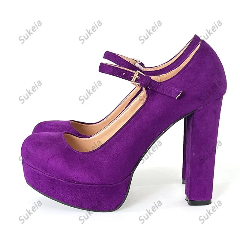 Sukeia Real Photos Women Spring Platform Pumps Chunky Heels Buckle Strap Round Toe Purple Party Shoes Ladies US Plus Size 5-20