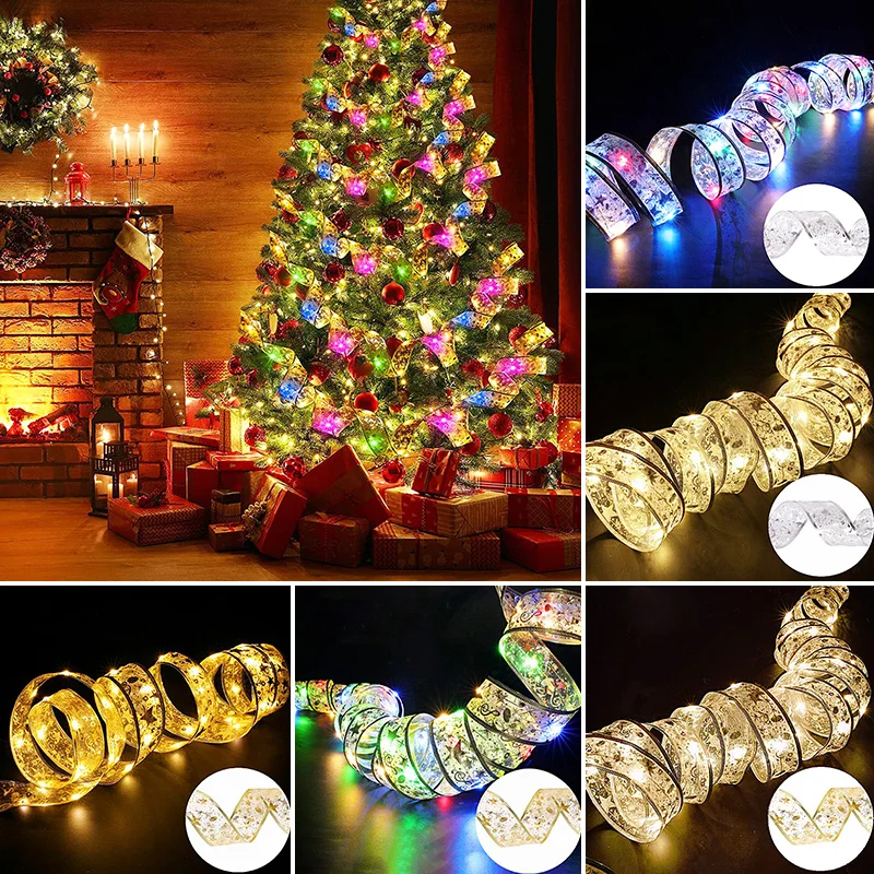 

1/2/5M Christmas Ribbon Fairy Light String Christmas Tree Ornaments Lamp String Lights Garland Lace Bow Navidad New Year Decor