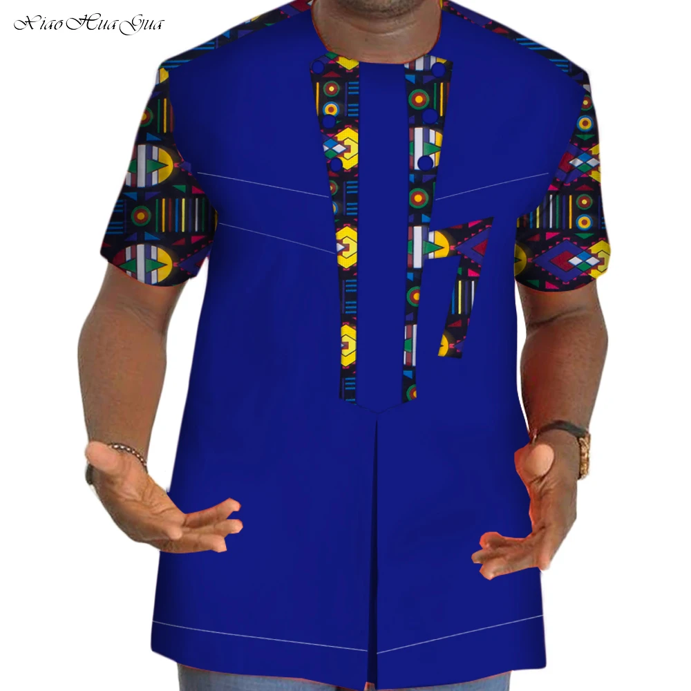 Summer Dashiki Shirt Cotton Men Shirt Tee African Clothing Patchwork Print Short Sleeve Shirt Bazin Riche African Clothing WYN89