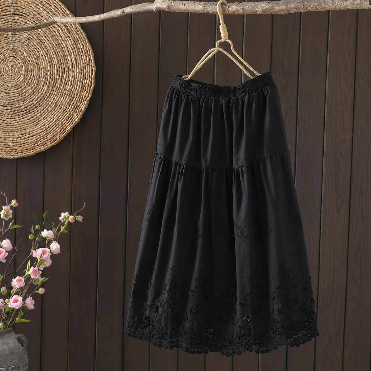 New Spring Cotton Lace Skirt Women A-Line Elastic Waist Elegant Skirt Girl Appear Thin Commute Casual Skirt 2024 Summer B44341QC