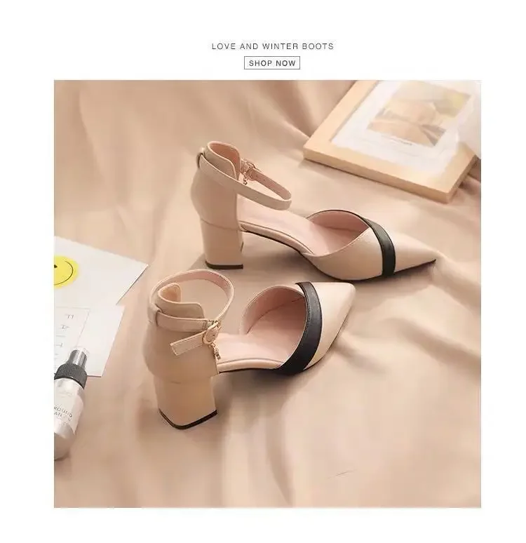 Klassische Damen-Pumps mit Beigefarbenem Quadratischem Absatz und Spitzer Form für Partys, Frühling und Sommer, Schwarze Schnalle, PU-Leder, Professionelle Schuhe – Detail 7