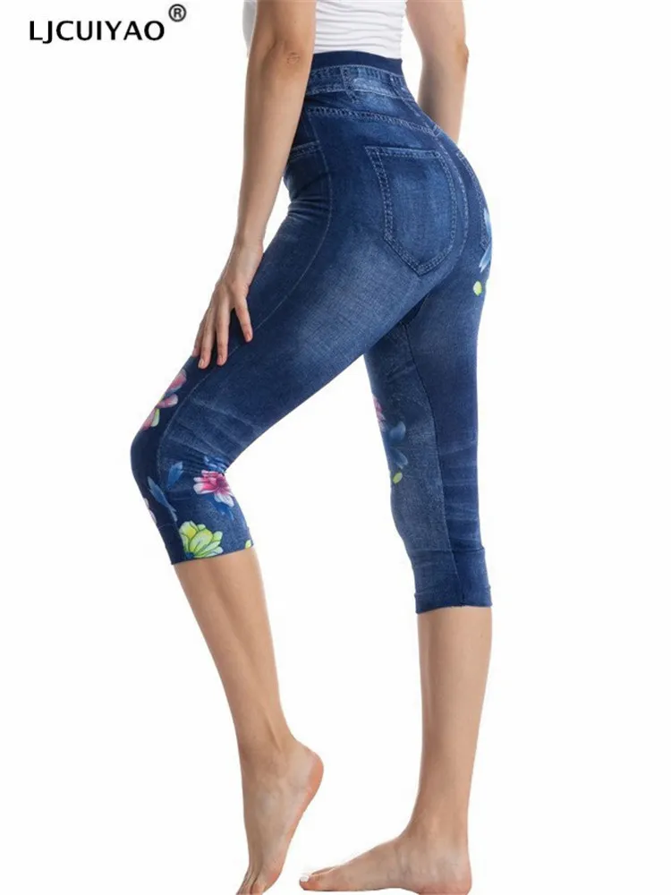 LJCUIYAO-pantalones de mezclilla de imitación para mujer, pantalones Capris de cintura alta, Jeggings elásticos, Casual, Fitness, flor, moda