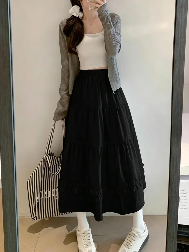 2026 Frühling Sommer Koreanischer Stil Mehrstufiger Rüschen-Fransen-Midirock für Damen mit Elastischer Taille A-Linie Vielseitiges Design Halbrock – Detail 8