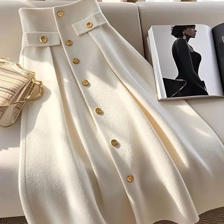 Beige character midi skirt for women, new fashion,  high-end, pear shaped figure, long skirt, autumn  korean fashion clothing