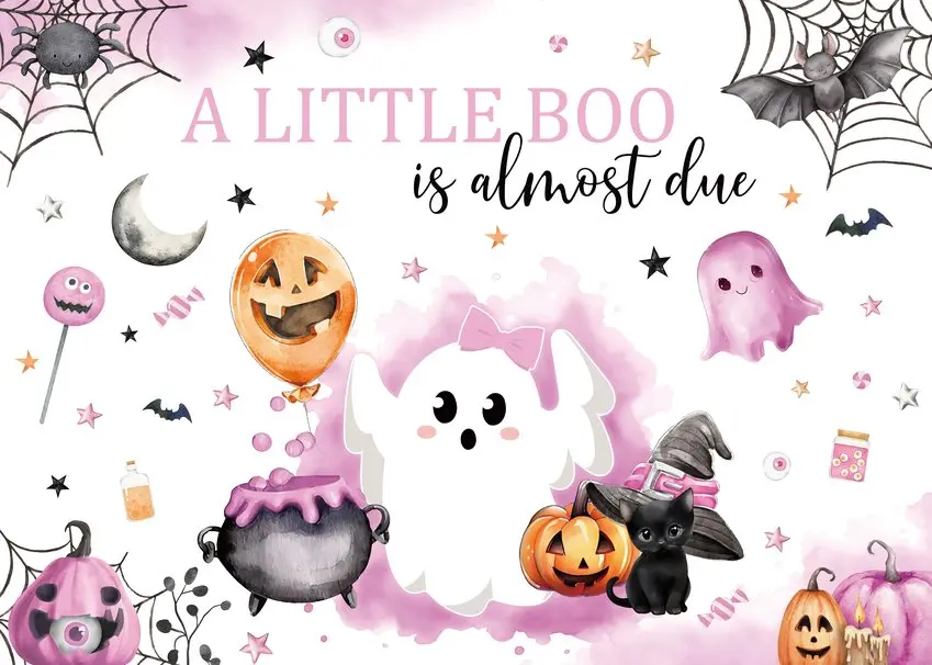 Fondo de dibujos animados de Halloween para Baby Shower, decoración de fiesta, un pequeño Boo está casi debido, fantasma, murciélago, bebé, 1er cumpleaños, foto de fondo