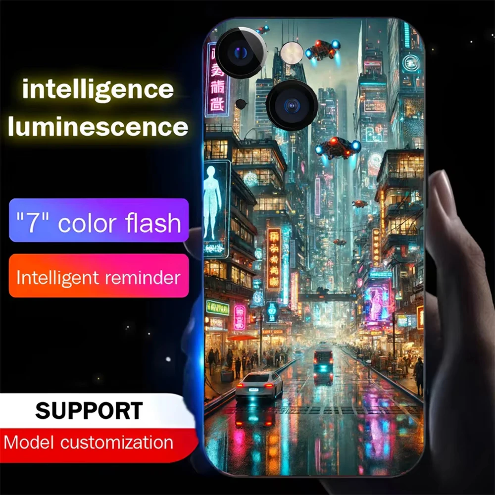 Future City Design Smart Voice Controlled LED Light Phone Case For iPhone 16 15 14 13 12 11 Pro Max XR XS Plus 6 7 8 SE2020