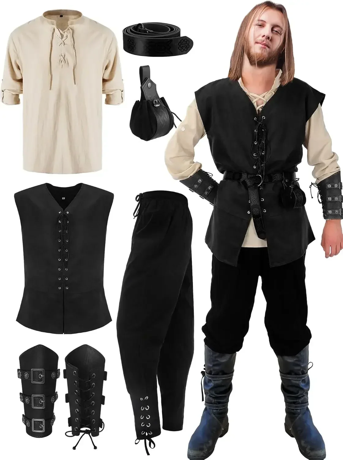 6-delige Halloween-Renaissance-kostuumset voor heren, middeleeuws vest, overhemd, enkelbandbroek, Vikingriem, armbandzakje