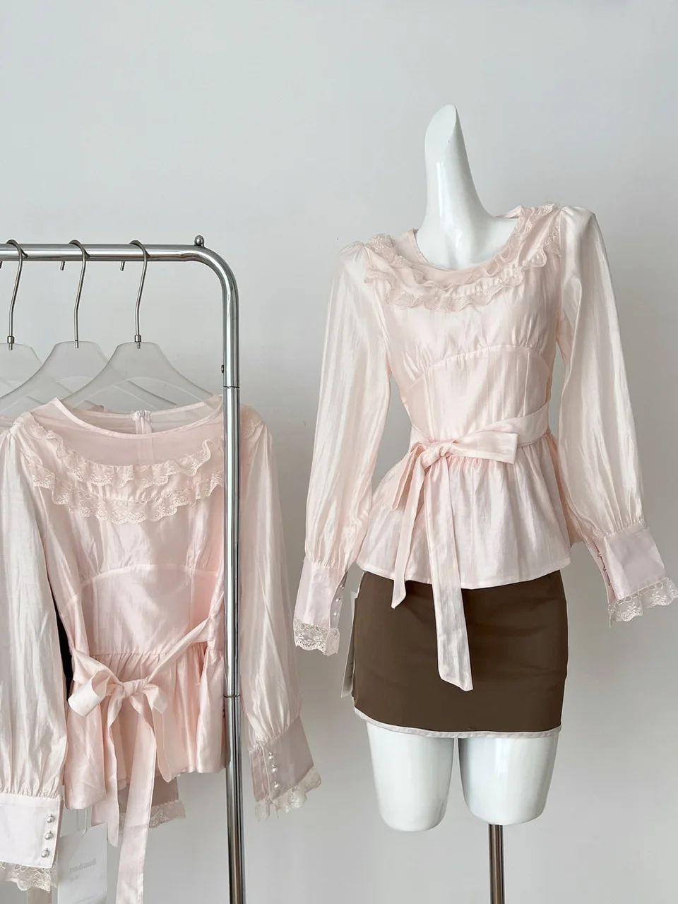Sweet Sle Long Sve Silk irt Women Gentle Pink Tie Waist Color Blo Lace f Skirt Autumn Winter Two Piece Set