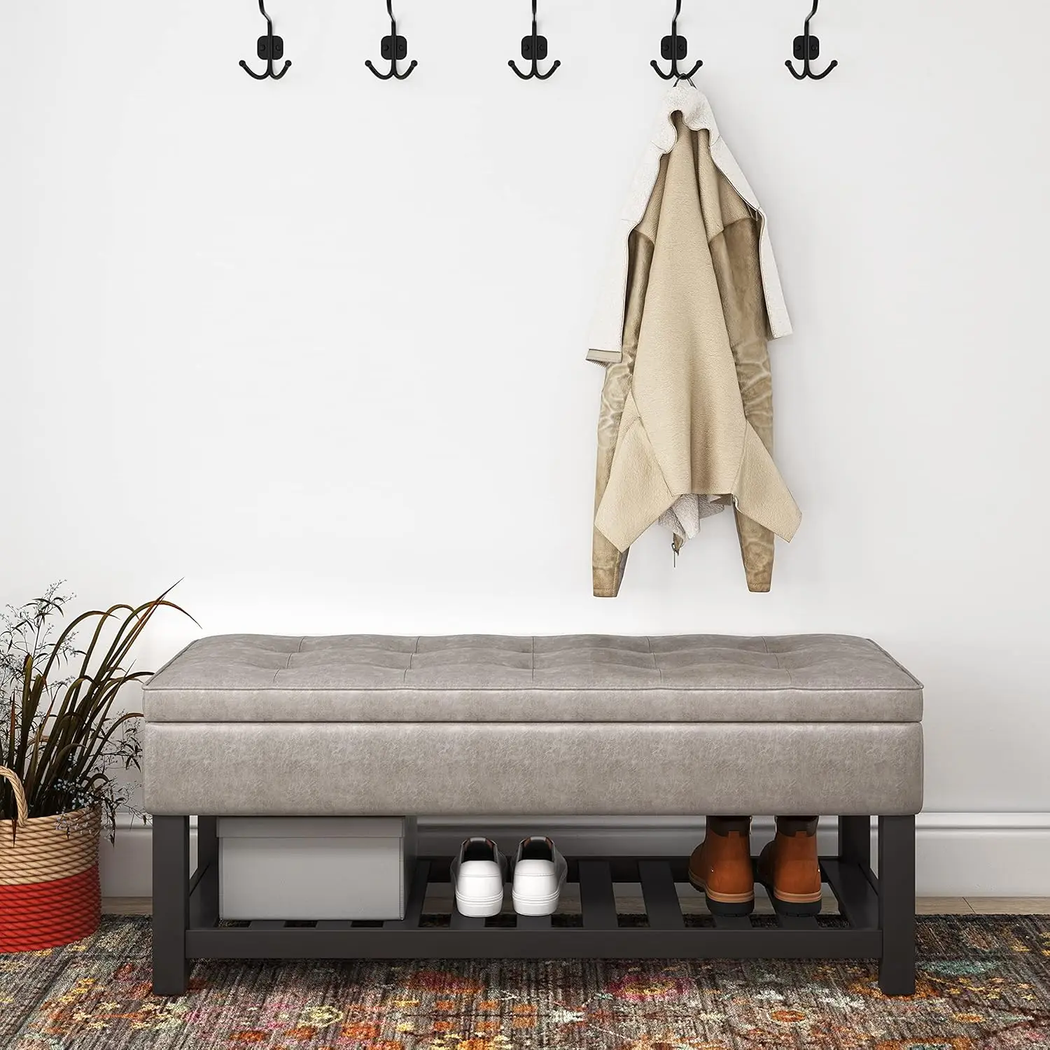 44 Inch Wide Transitional Rectangle Storage Ottoman Bench with Open Bottom in Distressed Grey Taupe Vegan Faux Leather