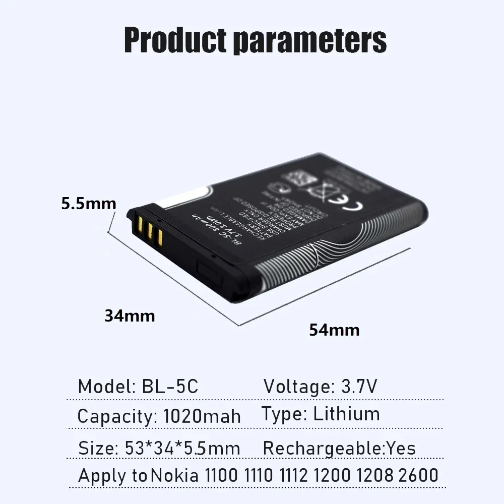 Batteries For Nokia Radio Phone 3.7V 1020mAh Rechargeable Battery BL-5C BL5C 1100 1110 1200 1208 1280 2600 2700 3100 3110 5130