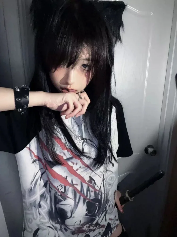 Y2k Aesthetic Casual T-shirt Women Gothic Anime Cartoon Print Loose Graphic T Shirts 2025 Japanese Fairy Harajuku Grunge Tops image 2