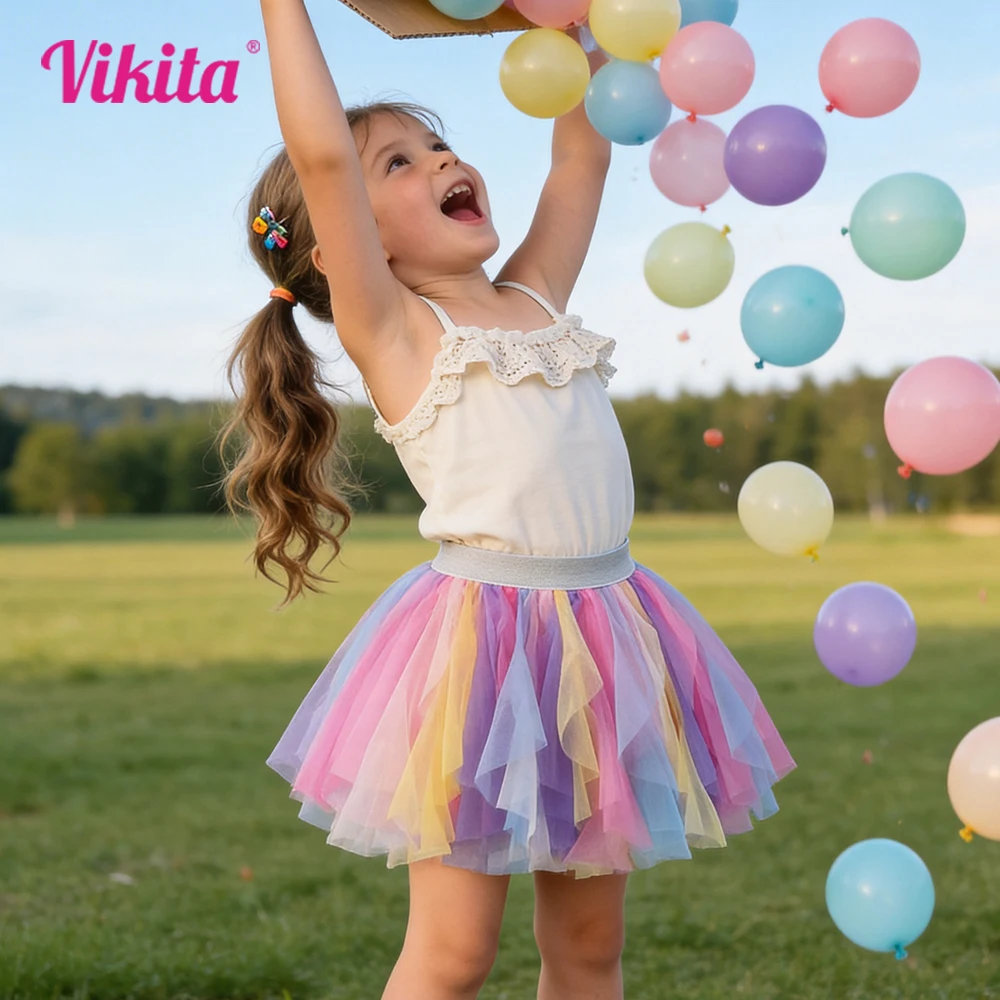 

VIKITA Girls Irregular Skirt Kids Colorful Rainbow Skirt Toddlers Birthday Party Performance Ballet Mini Skirts Kids Clothing