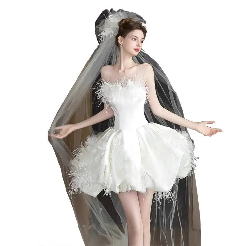 A8229 럭셔리 스트랩리스 파티 드레스 프롬 의상 스윗 메모리 프린세스 숏 볼 가운 화이트 드레스 여성 섹시 웨딩 드레스