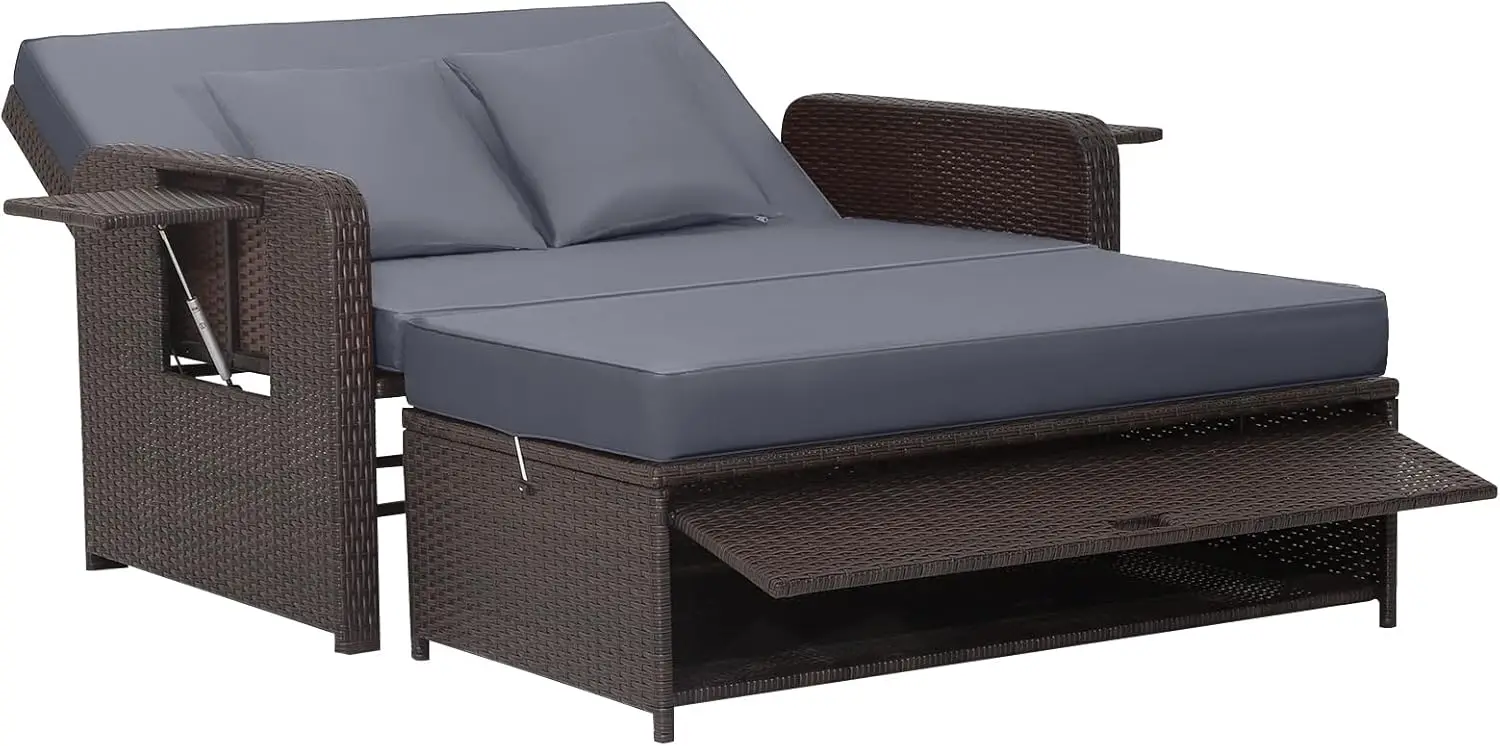 

Tangkula Patio Rattan Daybed Set, Wicker Loveseat Sofa w/Multipurpose Ottoman & Retractable Side Tray, 4-Level Adjustable Backre