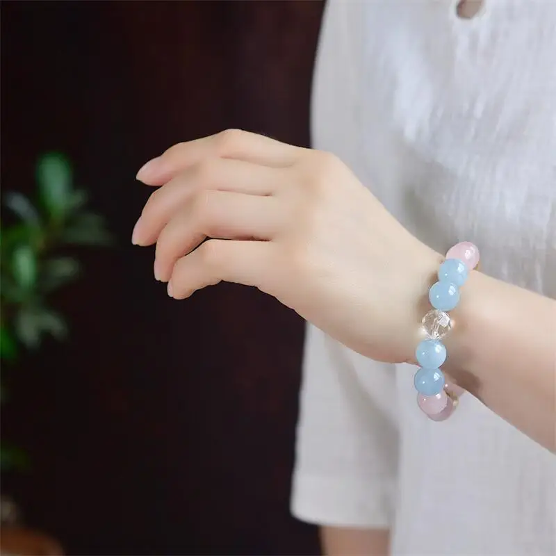 

12 мм натуральный аквамарин розовый кварц браслет из бисера для женщин мужчин подарок любовь кристаллы нити ювелирные изделия подарок 1 шт.