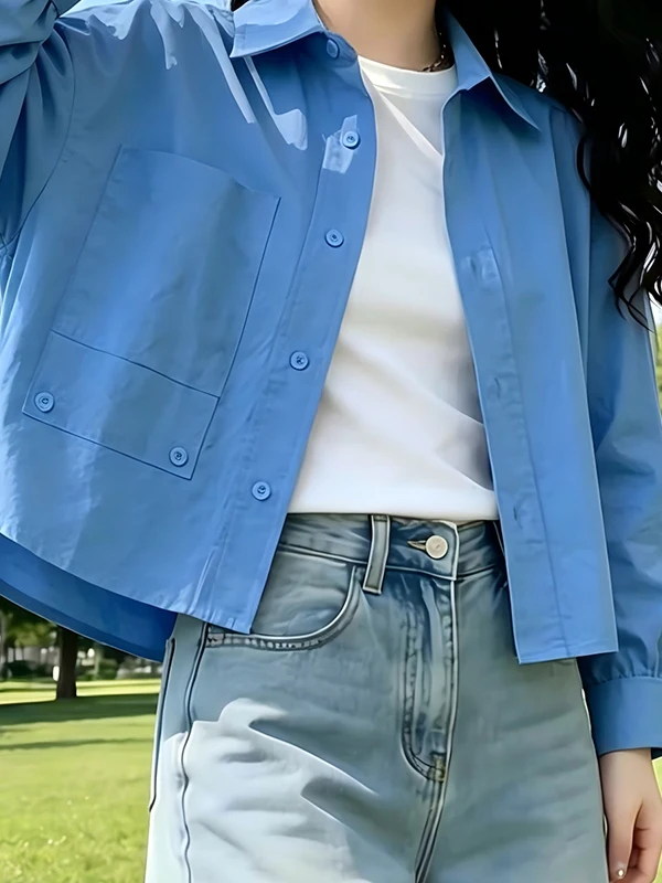 Elegant  Blue Loose Short Sleeve Shirt Women's Spring Autumn Outerwear Simple Commute Base Layer Fashion Ball Jacket