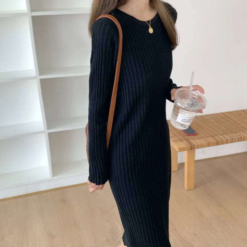 Apricot Knitted Dress Women  Winter O-neck Elegant Long Knitwear Ladies Oversized Loose Soft Knit Vestido Female Autumn